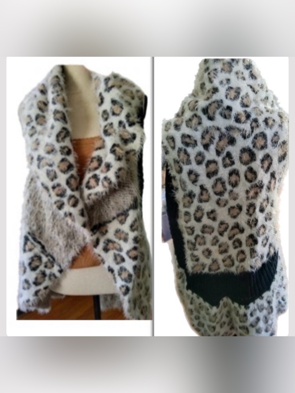 Cupio fuzzy animal print open front collar high low casual sweater vest top Sz L